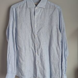 Luca Faloni Italy Men's Light Blue Striped Linen Long Sleeve Shirt Size XL 17/43